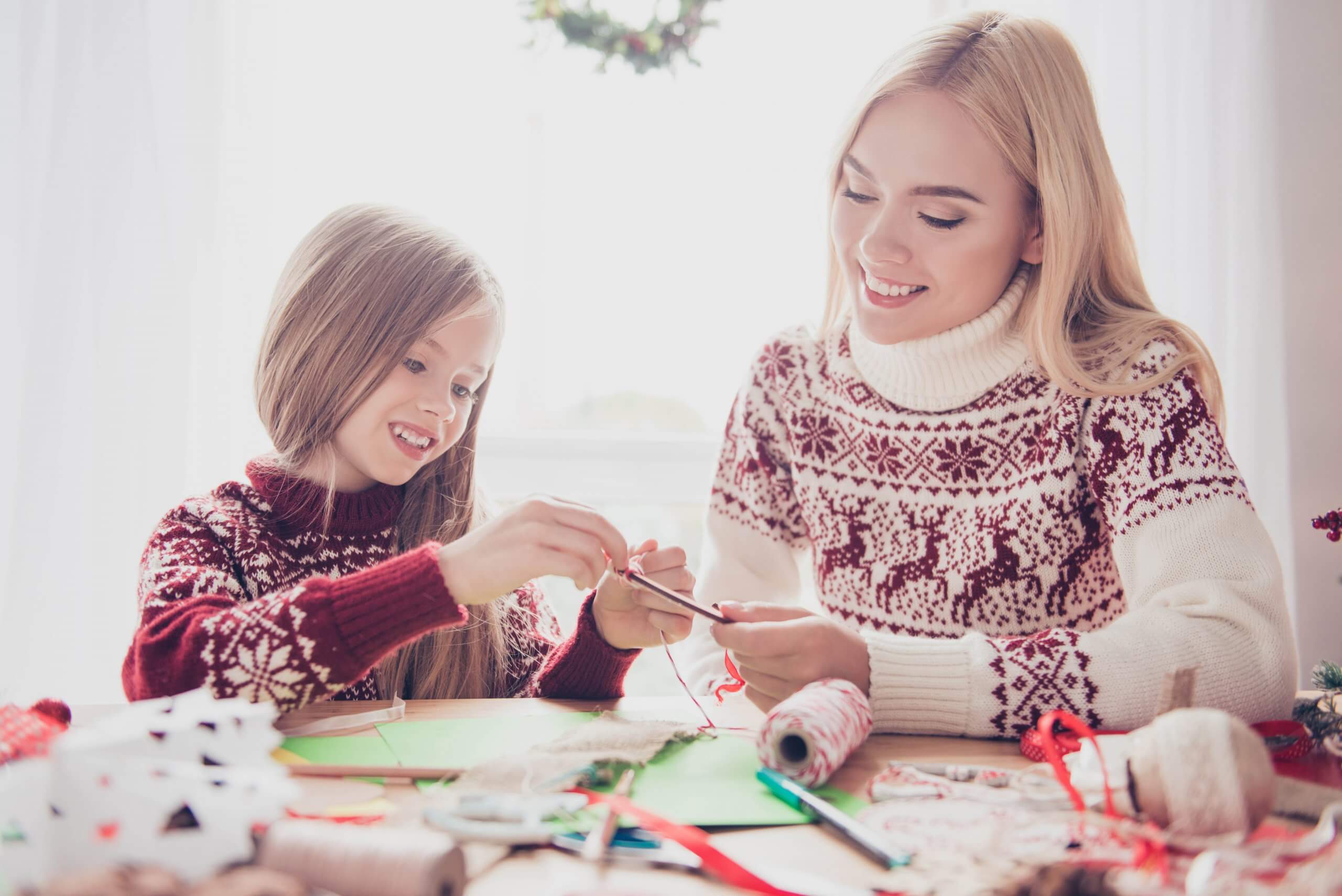 Lovely Blonde With Her Mommy Doing Handcraft Activity, Enjoying.