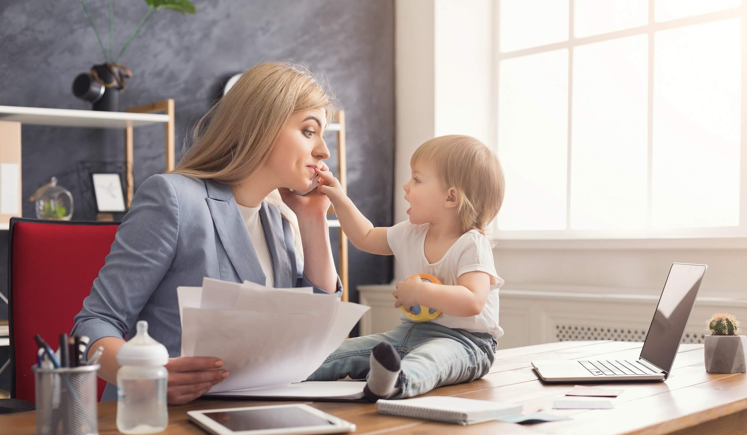 Happy Beautiful Business Mom Talking On Smartphone And Working W